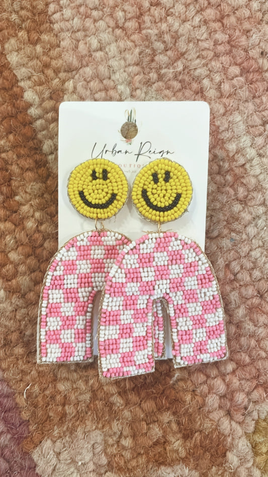 Pink and White Check Smiley Beaded Earrings